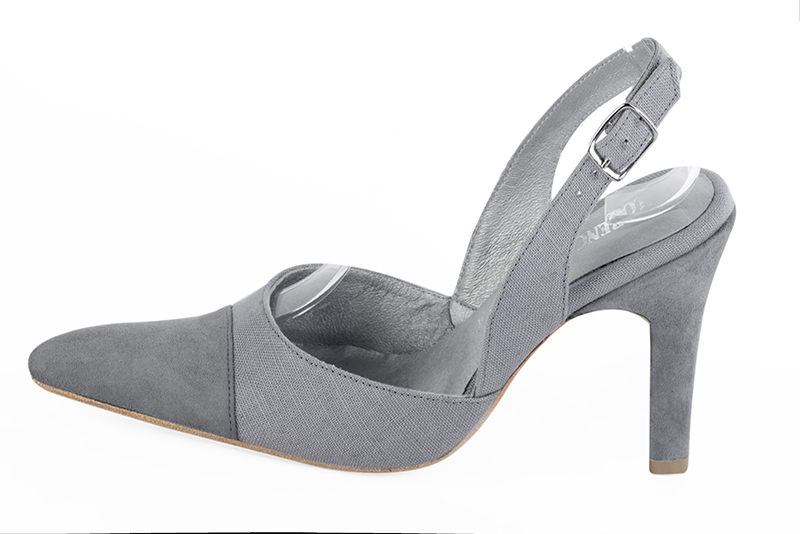 Mouse grey women's slingback shoes. Tapered toe. Very high kitten heels. Profile view - Florence KOOIJMAN